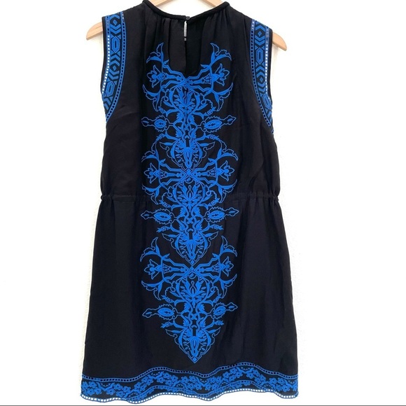 REBECCA TAYLOR Aztec Blue Embroidered Sleeveless Black Dress 100% Silk Size 2 - Picture 5 of 13